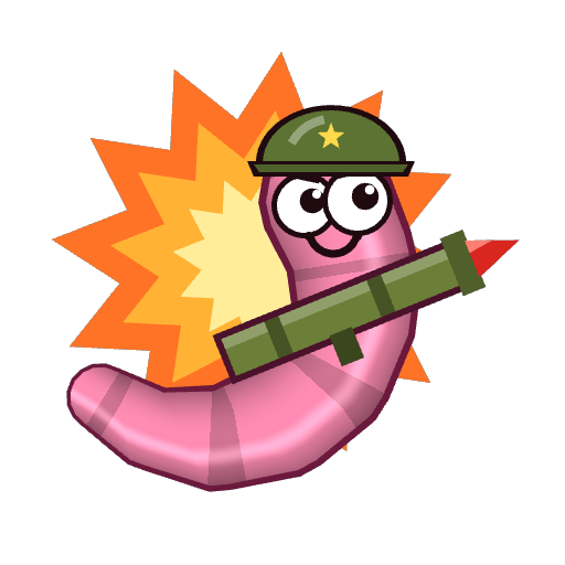 A pink worm in an army helmet holding a bazooka, in front of an explosion