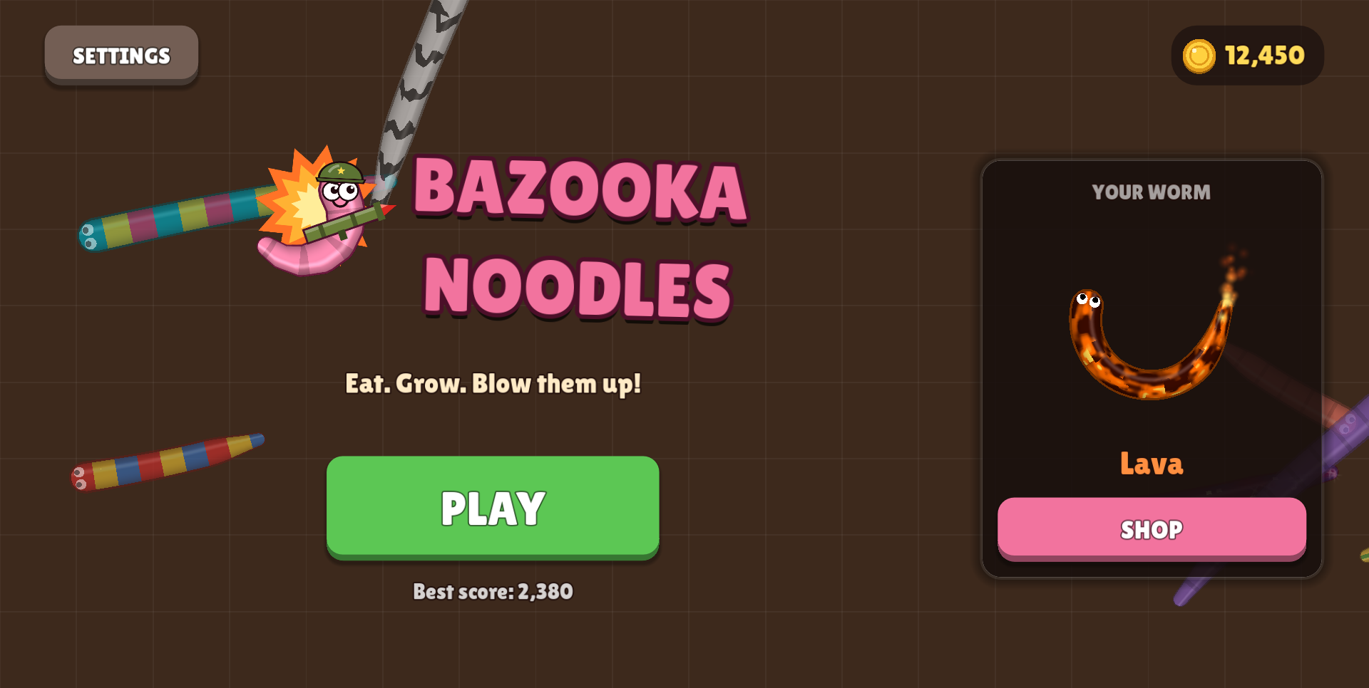 Main menu with the Bazooka Noodles logo, Play button and your current worm skin