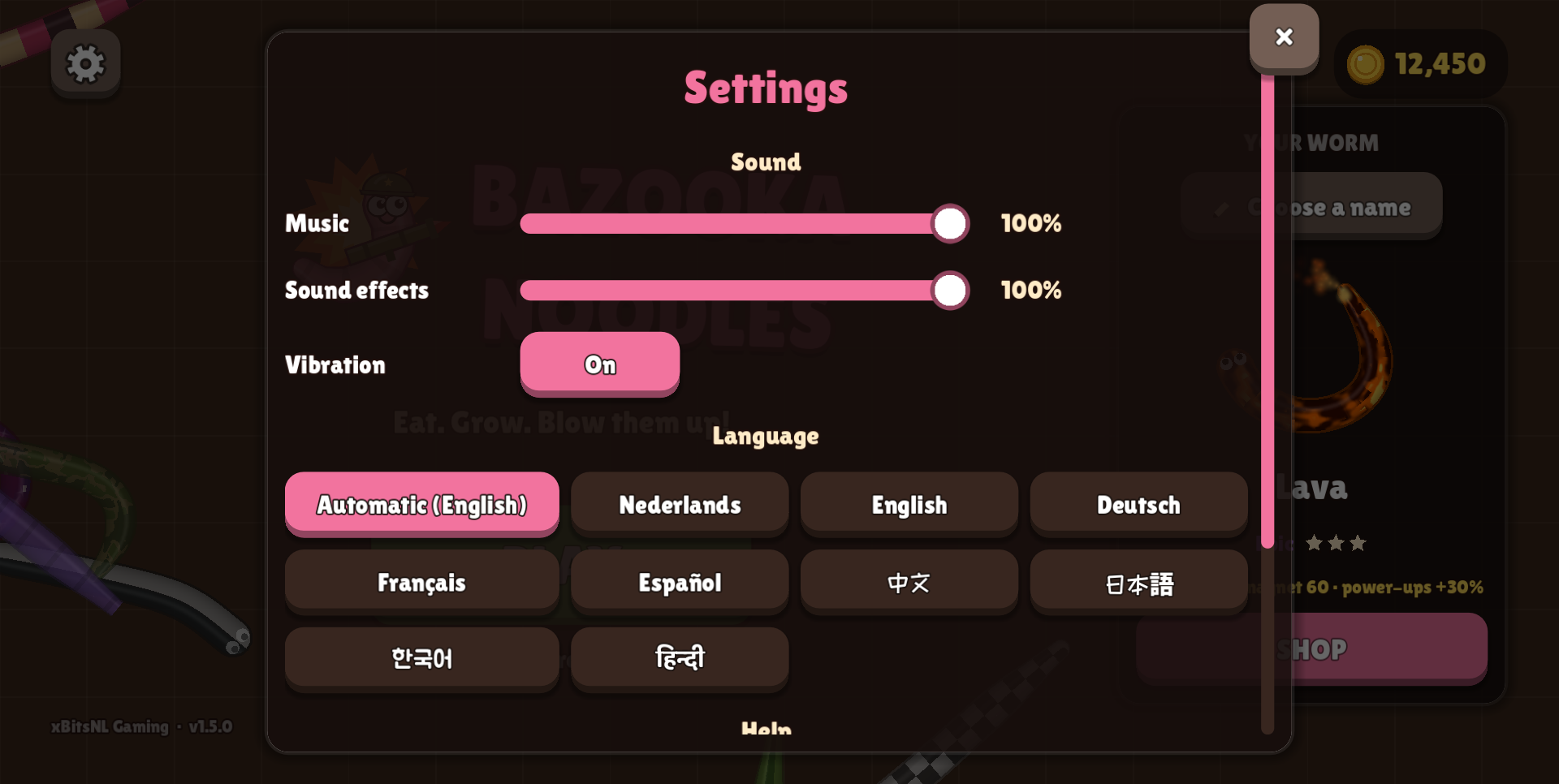 Settings with nine languages, music and effects volume and vibration